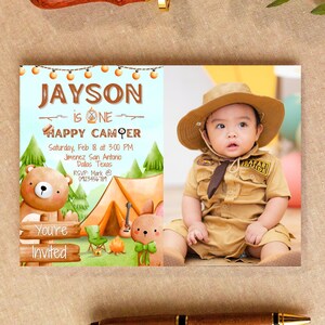 One Happy Camper - 1st birthday - Boy Birthday Party Digital Mobile Editable Invitation with Photo Canva Template - Mobile Phone Invite