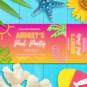 Pool Party Pink Neon Digital Ticket Editable Birthday Invitation Canva Template - Any Age - Mobile Edit - Download and Print Instantly