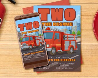 Two the Rescue Boy Birthday Digital Editable Invitation Canva Template - Mobile Phone Instant Download - Printable
