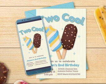 Two Cool Popsicle Boy 2nd Birthday Digital Editable Invitation Canva Template - Mobile Phone Instant Download - Printable