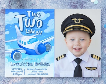 Time Two Take Off - Pilot - Airplane - Oh My Time Flies - Boy Digital Landscape Invitation with Photo Canva Template - Instant Download