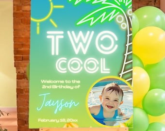 Two Cool Tropical Neon Pool Party Digital Editable Welcome Sign with Photo Canva Template - Boy 2nd Birthday - Instant Download
