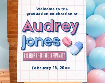 Cyfrowy znak powitalny na przyjęcie z okazji ukończenia studiów w aptece – dla studentów studiów podyplomowych – do druku – do natychmiastowego pobrania – na zamówienie