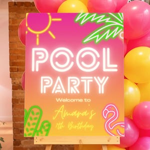 Plantilla digital editable de letrero de bienvenida digital de neón para fiesta en la piscina para niñas - Rosa amarillo - Verano - Descarga instantánea - Imprimible
