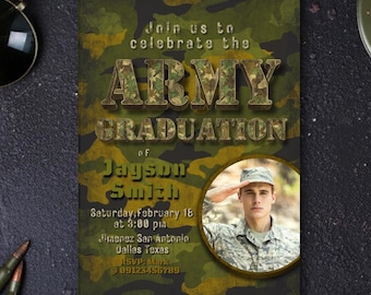 Ukończenie szkoły wojskowej - Wojsko - Żołnierz - Cyfrowe edytowalne zaproszenie ze zdjęciem Szablon Canva - Zaproszenie na telefon komórkowy do natychmiastowego pobrania