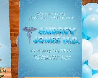 Cyfrowy znak powitalny na przyjęcie z okazji ukończenia studiów przez lekarza – motyw medyczny – do druku – do natychmiastowego pobrania – spersonalizowany