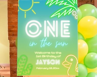 Szablon na Canva z cyfrowym, edytowalnym znakiem powitalnym „One in the Sun Tropical Neon Pool Party” – pierwsze urodziny chłopca – do pobrania natychmiast