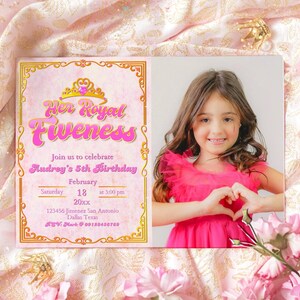 Her Royal Fiveness - Girl Princess 5th Birthday Digital Canva Landscape Invitation with Photo Template - Fairy Tale - Magical - Printable