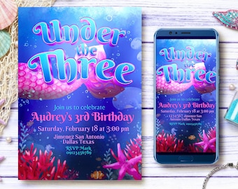Pod trzema - Urodziny syreny - Zestaw zaproszeń na podwodny telefon komórkowy - Edytowalny cyfrowy szablon Canva na 3. urodziny dziewczynki - Do druku