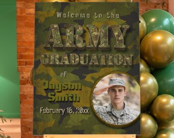 Ukończenie szkoły wojskowej - Wojsko - Żołnierz - Cyfrowy edytowalny znak powitalny ze zdjęciem Szablon Canva - Natychmiastowe pobranie na telefon komórkowy - Do druku