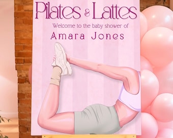 Pilates and Lattes Birthday Digital Editable Welcome Sign Canva Template - Instant Download - Printable - Mobile Phone Edit