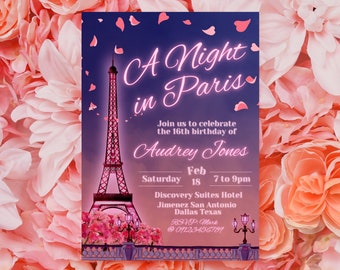 A Night in Paris - Ooh La La Madamoiselle - Eiffel Tower - Paris - Digital Invitation Canva Template
