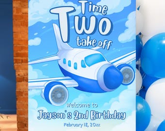 Time Two Take Off - Pilot - Airplane - Oh My Time Flies - Boy Digital Welcome Sign Canva Template - Smart Phone Instant Download - Printable