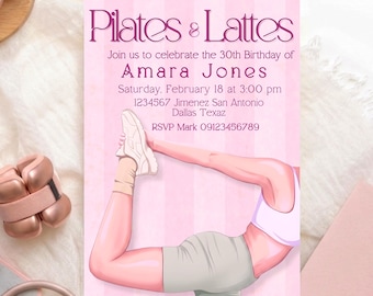 Szablon zaproszenia na urodziny Pilates i Latte, edytowalny cyfrowo, Canva – do pobrania natychmiast – do druku – edycja na telefon komórkowy