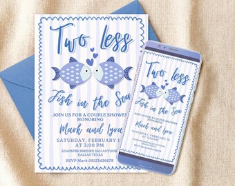 Two Less, Fish in the Sea Couples Shower Digital Editable Invitation Canva Template - Mobile Phone Instant Download - Printable