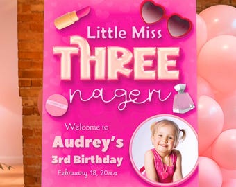 Little Miss Threenager Girl 3rd Birthday Digital Welcome Sign with Photo Picture Canva Template - Instant Download - Printable