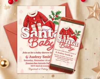 Santa Baby Baby Shower Digital Editable Invitation Canva Template - Mobile Phone Instant Download - Printable