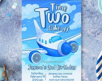 Time Two Take Off - Pilot - Airplane - Oh My Time Flies - Boy Digital Invitation Canva Template - Smart Phone Instant Download - Printable