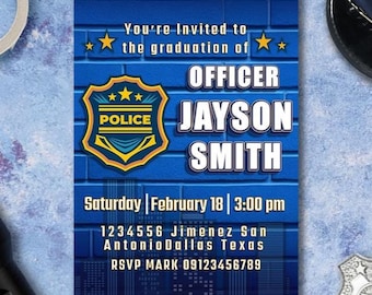 Cyfrowe zaproszenie na imprezę z okazji ukończenia szkoły przez policję – wykonane na zamówienie – do natychmiastowego pobrania – do druku – spersonalizowane