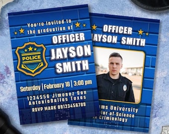 Cyfrowe zaproszenie ze zdjęciem na imprezę ukończenia szkoły policyjnej – wykonane na zamówienie – do natychmiastowego pobrania – do druku – spersonalizowane