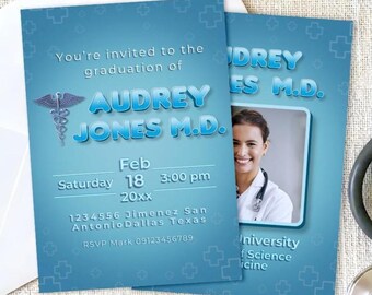 Cyfrowe zaproszenie na przyjęcie z okazji ukończenia studiów lekarskich ze zdjęciem – Zaproszenie medyczne – Do druku – Natychmiastowe pobranie – Spersonalizowane – Spersonalizowane