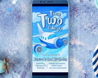 Time Two Take Off - Pilot - Airplane - Oh My Time Flies - Boy Digital Mobile Phone Invitation Canva Template - Smart Phone Instant Download