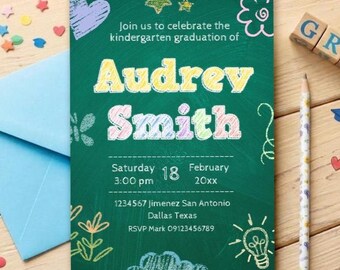 Zaproszenie na zakończenie przedszkola – Zaproszenie dla dziewczynki w wieku przedszkolnym – Wykonane na zamówienie – Do druku – Natychmiastowe pobranie