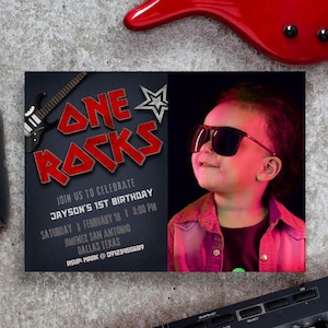 One Rocks - Rocked One year - Rock and Roll 1st birthday Invitation with Photo Canva Template