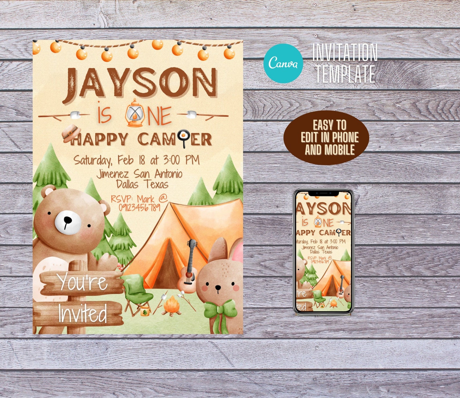 One Happy Camper Invitation Canva Template - Etsy