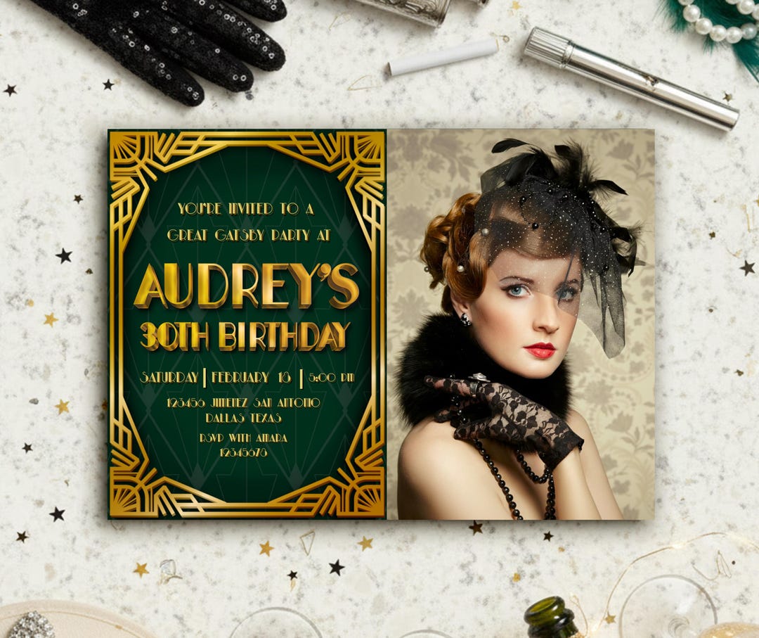 Roaring 1920s Gatsby Birthday Party Landscape Invitation With Photo ...