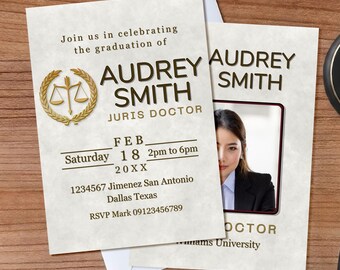 Cyfrowe zaproszenie na uroczystość wręczenia dyplomów prawniczych ze zdjęciem – minimalistyczne zaproszenie ze zdjęciem – wykonane na zamówienie – spersonalizowane – do natychmiastowego pobrania i wydrukowania