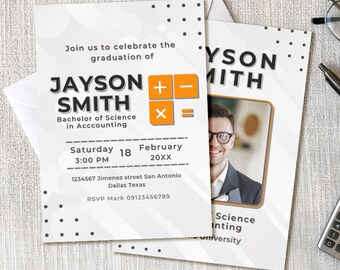 Cyfrowe zaproszenie na ukończenie studiów księgowych ze zdjęciem – Zaproszenie na studia biznesowe – Wykonane na zamówienie – Dostosowane – Natychmiastowe pobranie – Możliwość wydruku