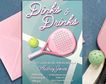 Dinks and Drinks Editable Digital Invitation Canva Template - Pickleball Birthday Invite - Instant Download - Personalized
