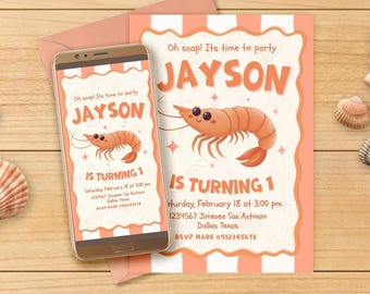 Shrimp Birthday Digital Editable Invitation Canva Template - Any Age - Mobile Phone Instant Download - Printable