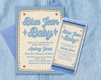 Blue Jean Baby Shower Digital Editable Invitation Canva Template - Mobile Phone Instant Download - Printable