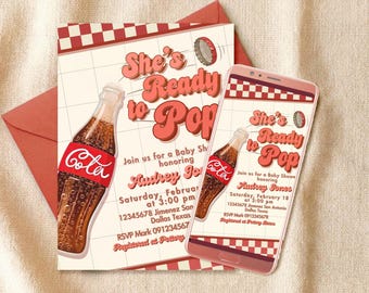 She's Ready to Pop Baby Shower Digital Editable Invitation Canva Template - Retro Invite Instant Download - Printable