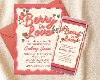 Convite digital editável para chá de panela "Berry in Love Girl" - Modelo Canva - Download instantâneo para celular - Imprimível