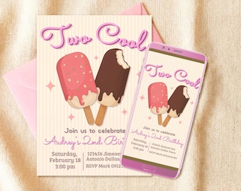 Two Cool Popsicle Girl Birthday Digital Editable Invitation Canva Template - Mobile Phone Instant Download - Printable