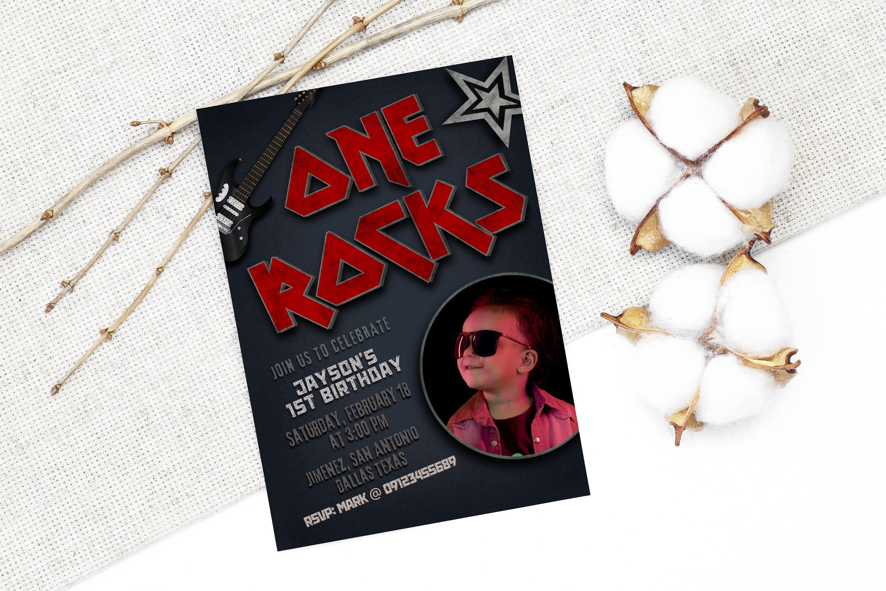 One Rocks Rock and Roll Rocked One Year 1st Birthday Digital Invitation ...