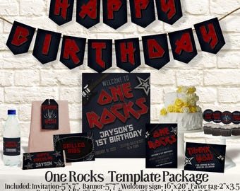 One Rocks - Rock and Roll - Rocked One year 1st birthday Digital Bundle Canva Template Package