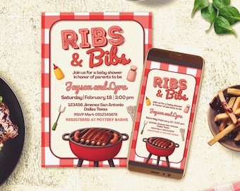 Ribs and Bibs Boy Baby Shower Digital Editable Invitation Canva Template - Instant Download - Printable