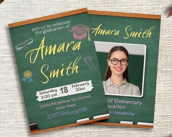 Cyfrowe, edytowalne zaproszenie na przyjęcie z okazji ukończenia szkoły przez nauczyciela ze zdjęciem, szablon Canva – do pobrania na smartfon – do druku