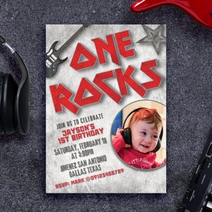 One Rocks - Rocked One Jahr - Geburtstagseinladung mit Foto bearbeitbare Canva Vorlage - Handy einladen - Grußkarte zum Ausdrucken