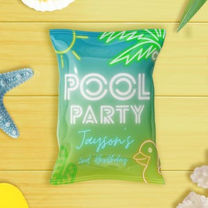 Pool Party Neon bearbeitbare Digital Chip Bag Canva Vorlage - Sommer Junge Geburtstag - Lime Grün - Instant Download - Printable
