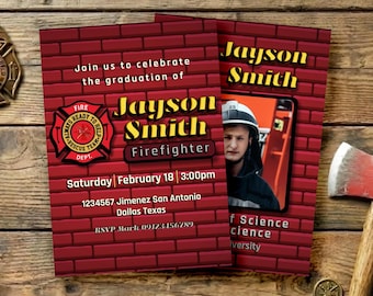 Cyfrowe zaproszenie na imprezę strażacką z okazji ukończenia szkoły ze zdjęciem – minimalistyczne zaproszenie – wykonane na zamówienie – spersonalizowane – natychmiastowe pobranie – do druku