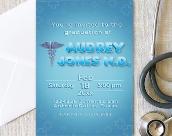 Cyfrowe zaproszenie na przyjęcie z okazji ukończenia studiów medycznych – Zaproszenie medyczne – Do druku – Natychmiastowe pobranie – Spersonalizowane