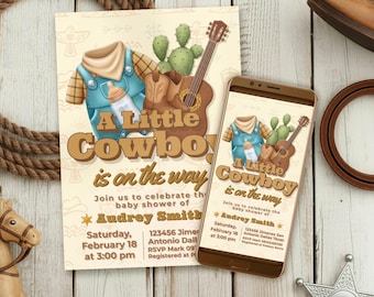 A Little Cowboy is on the Way Boy Baby Shower Digital Editable Invitation Canva Template - Instant Download - Printable