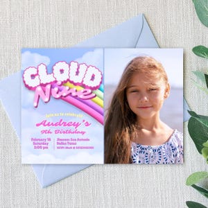 Cloud Nine - Invitation modifiable numérique fille avec modèle de toile photo - Invitation de téléphone portable arc-en-ciel de couleur pastel - Téléchargement immédiat