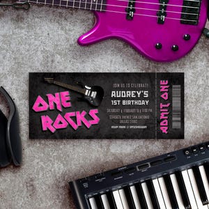 One Rocks - Rocked un an - Rock and roll - modèle de toile d'invitation de billet numérique modifiable pour le premier anniversaire d'une fille - imprimable