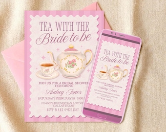Tea with the Bride to be Bridal Shower Digital Editable Invitation Canva Template - Mobile Phone Instant Download - Printable